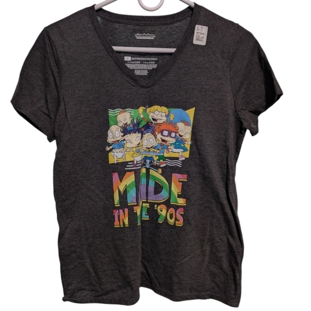 Nickelodeon Rugrats Made In The 90s Graphic V-Neck Tee Gray Small